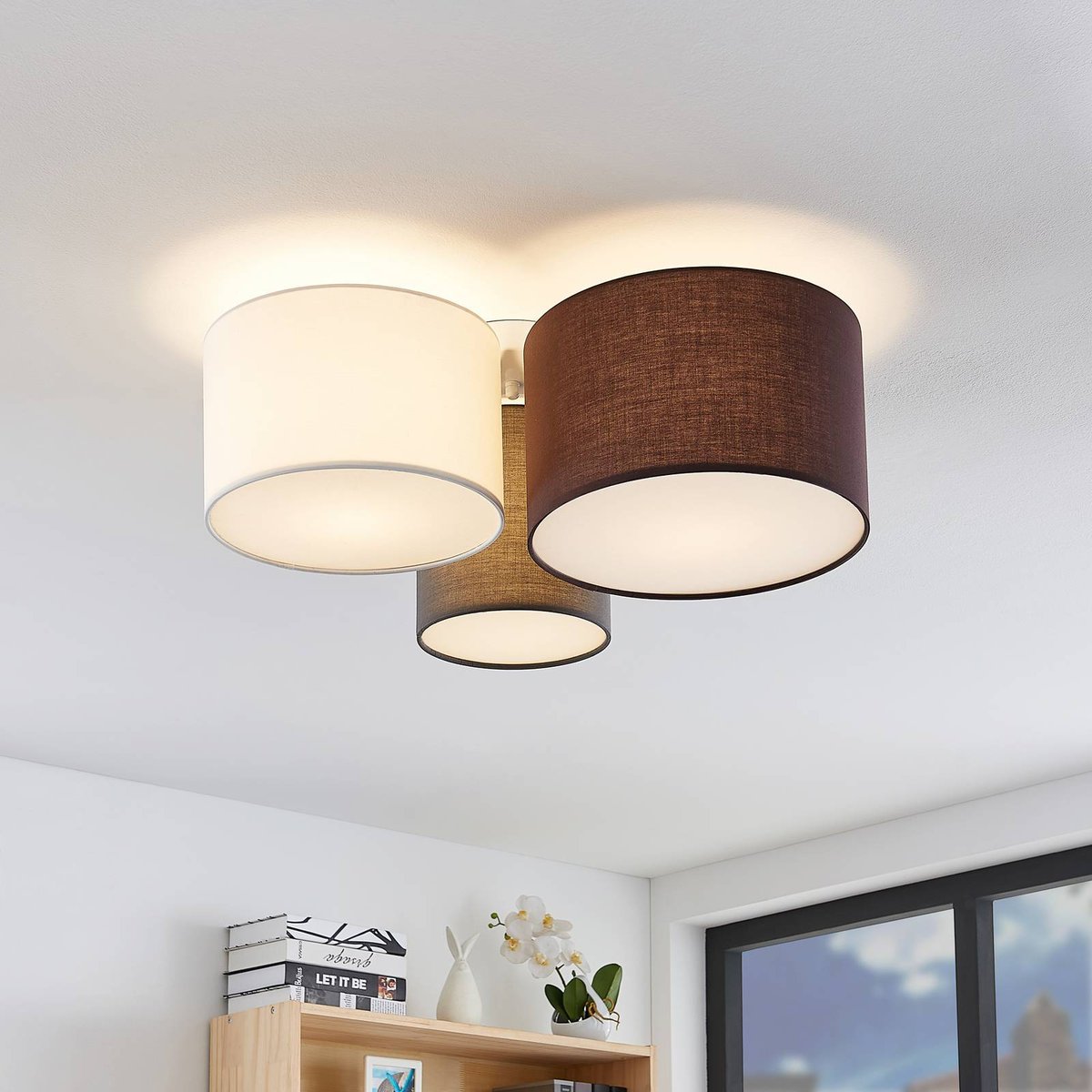 Plafonnier en textile moderne, Laurenz gris, blanc, marron, LINDBY