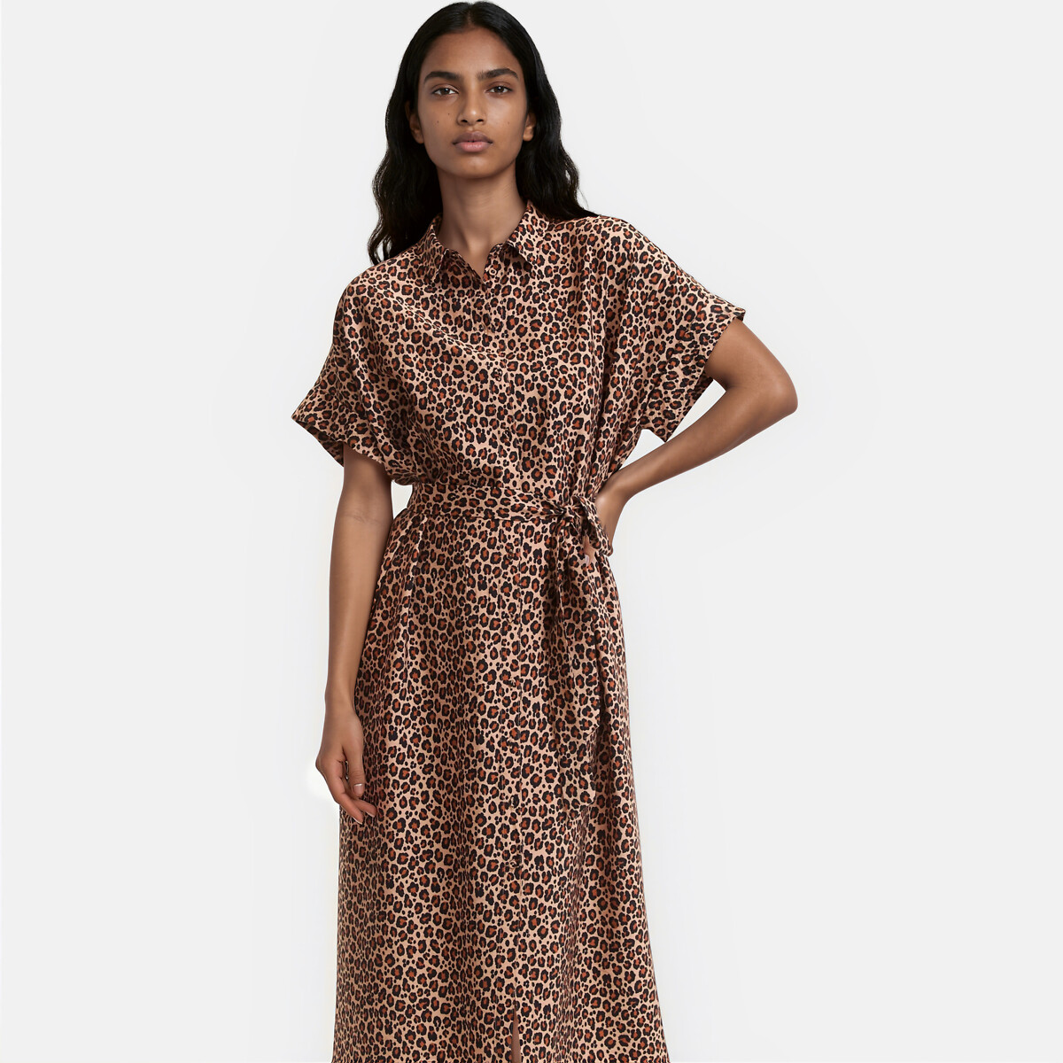 Robe évasée, imprimé animalier, longue, manches courtes imprimé léopard, LA REDOUTE COLLECTIONS