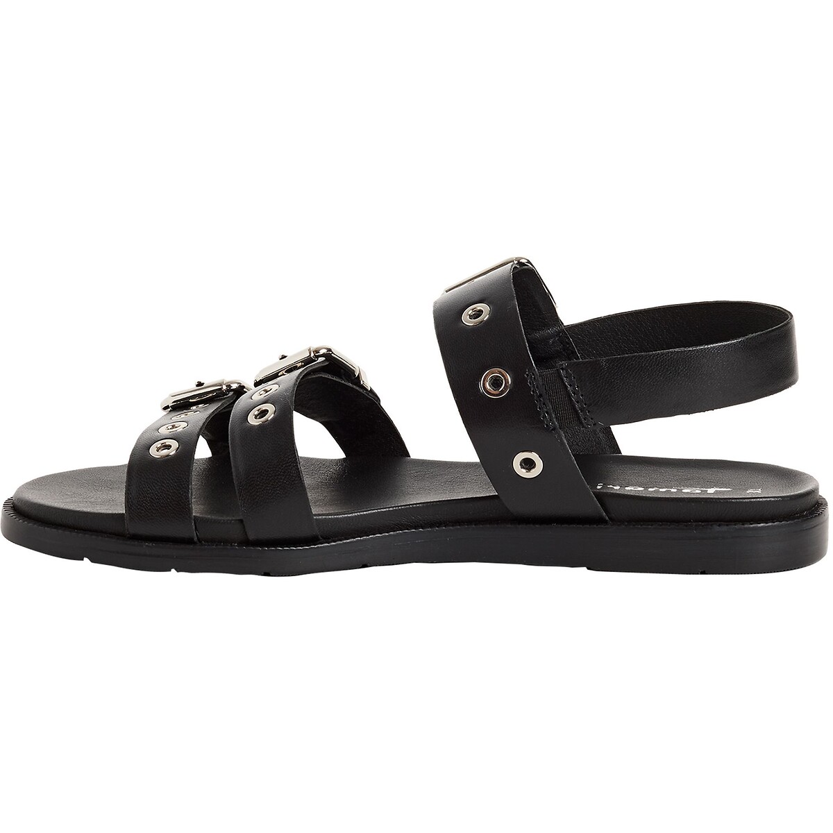 Sandales plates en cuir noir, TAMARIS