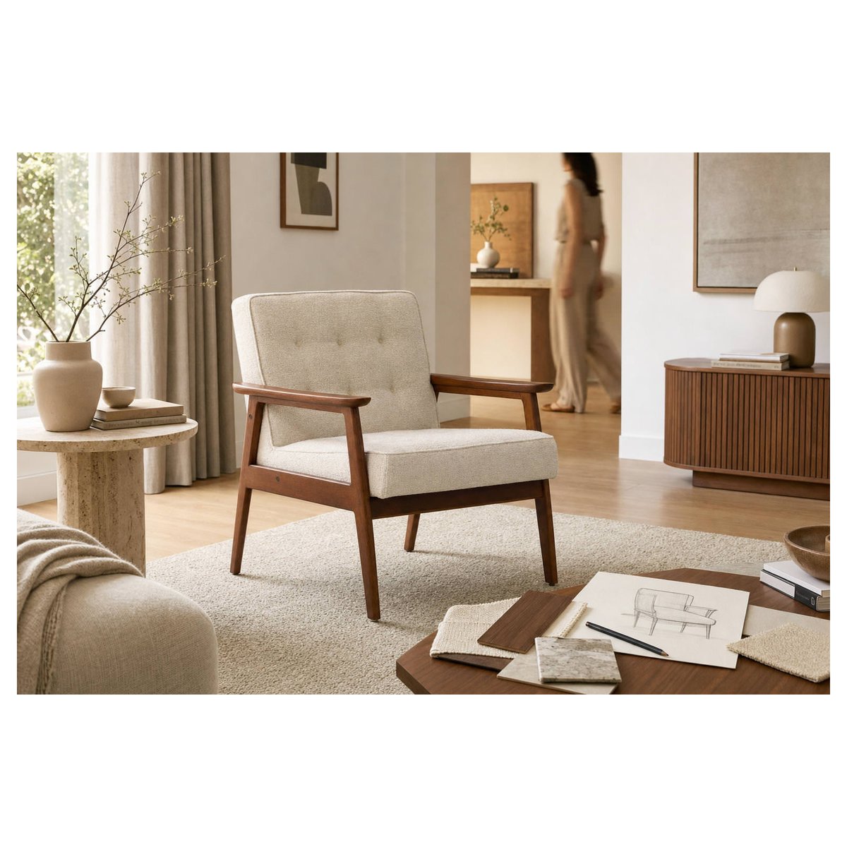 Fauteuil rétro en bois de hêtre et tissu noyer et beige, RECOLLECTION