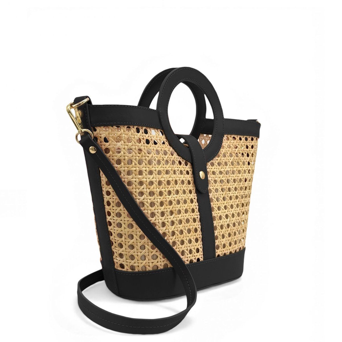 Sac cabas en cuir lisse et rotin ODINE noir, OH MY BAG