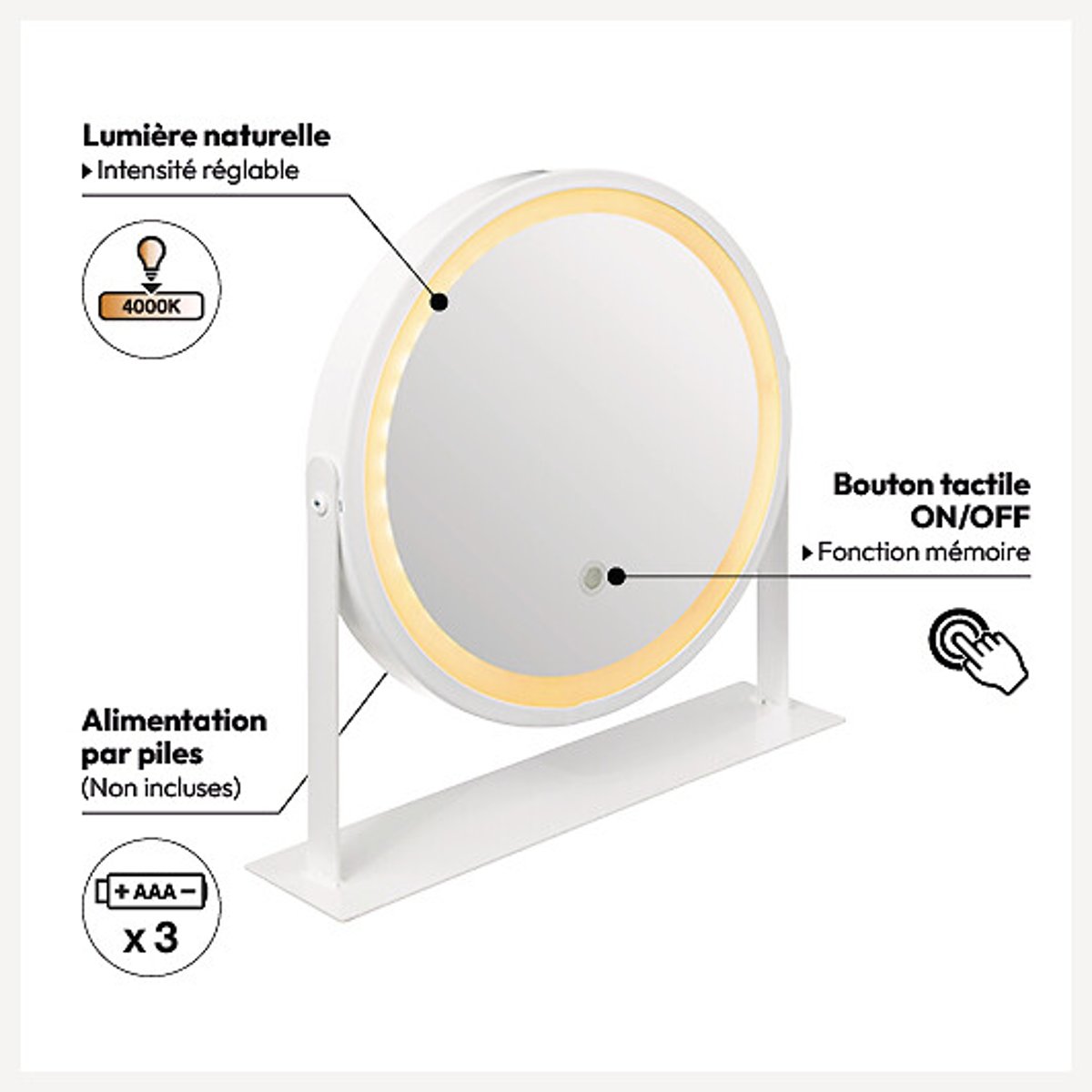Miroir rond pivotant LED blanc, 5FIVE SIMPLY SMART