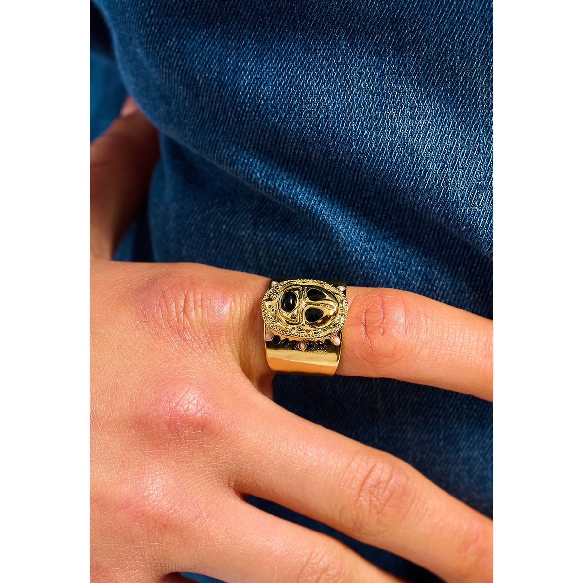 Bague réglable cabochon scarabé avec émail TREZOR noir, HIPANEMA