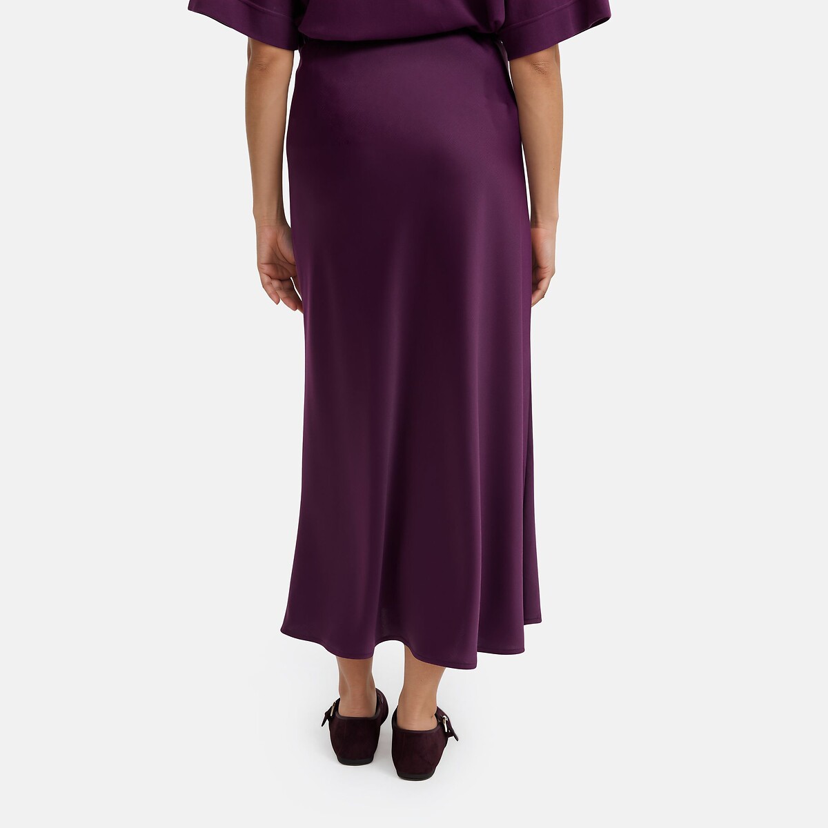Falda midi evasé de satén mate con cintura elástica violeta ciruela, LA REDOUTE COLLECTIONS