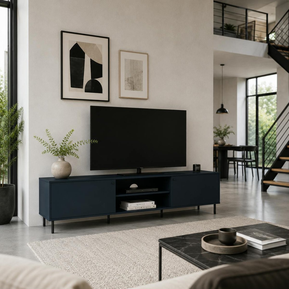 Meuble TV moderne bleu sombre 2 portes RAVEN bleu, PIER IMPORT