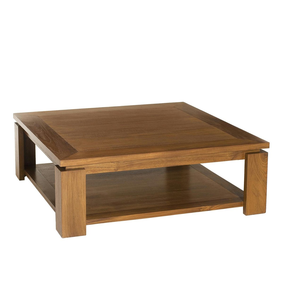 Table basse exotique carrée 90cm double plateau bois teck verni BISHO bois naturel, PIER IMPORT