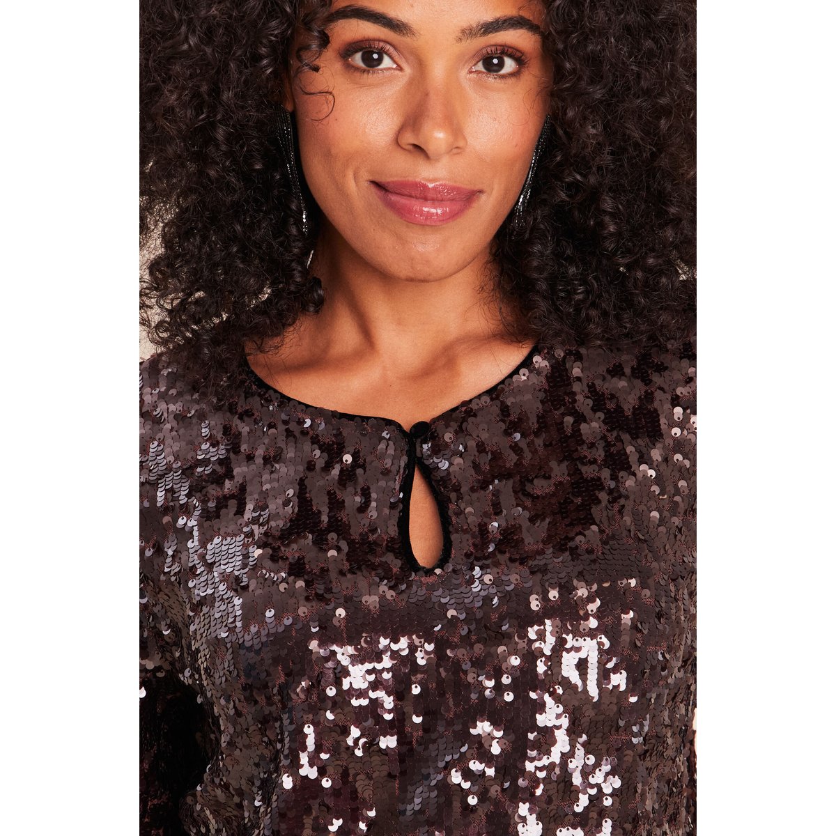 T-shirt à sequins manches courtes marron foncé, BREAL