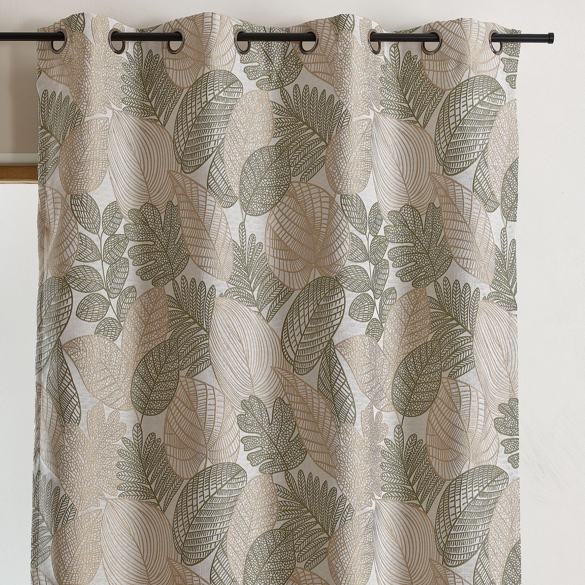 Rideau jacquard en poly-coton à motifs feuilles - QABANE kaki, HOME MAISON
