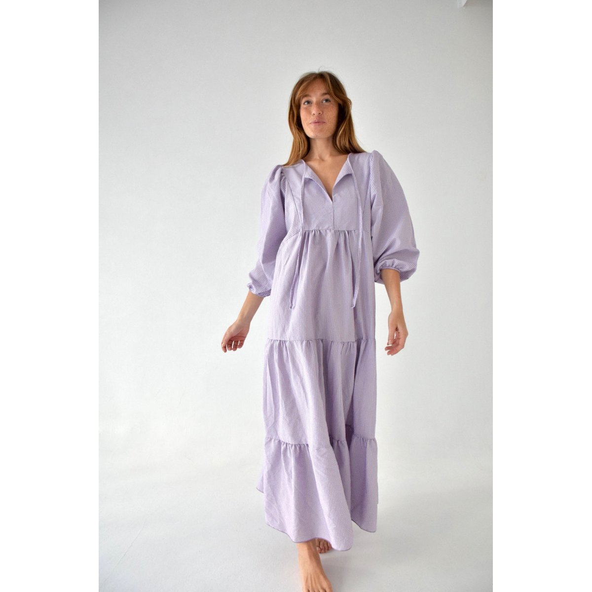 Robe longue vichy col V GABRIELA violet, MINDTRAVELER
