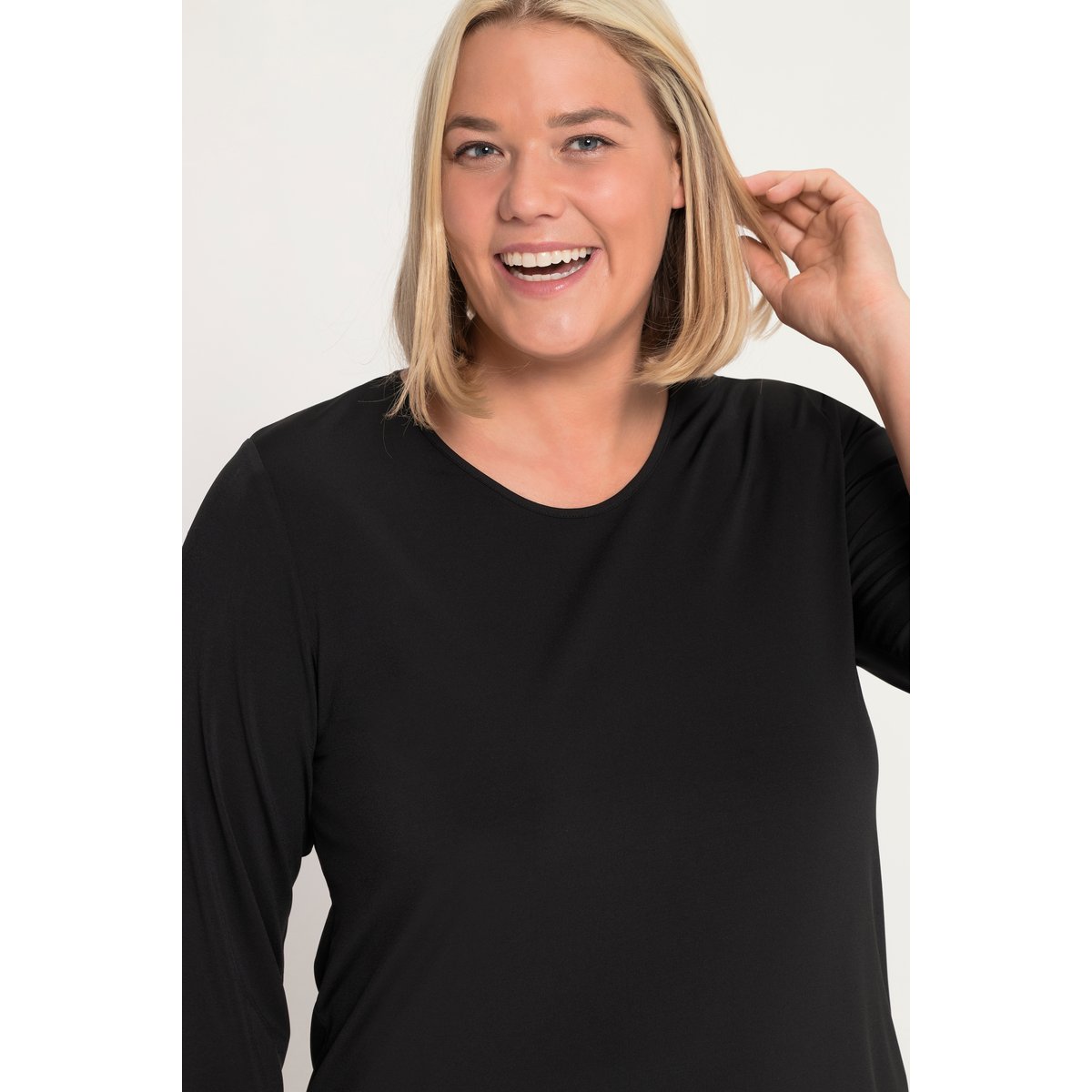 T-shirt long à col rond et manches 3/4 noir, ULLA POPKEN
