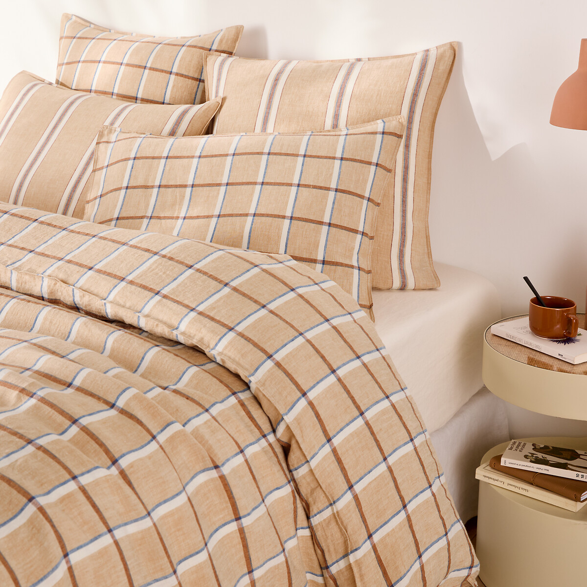 Funda de almohada en lino lavado, de cuadros, DANAHEL beige/caramelo, LA REDOUTE INTERIEURS