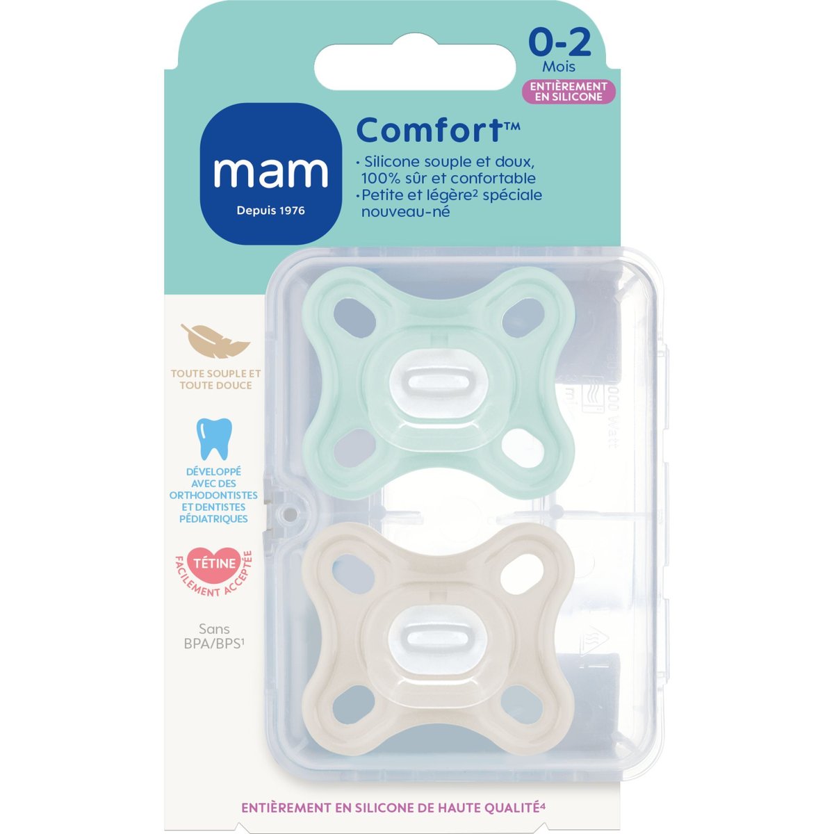 Lot de 2 sucettes Comfort 0 mois+ bleu et vert, MAM