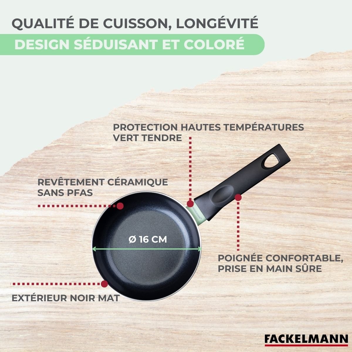 Set poêle antiadhésive céramique 16 cm et 6 ustensiles BRANDAO noir|vert, FACKELMANN