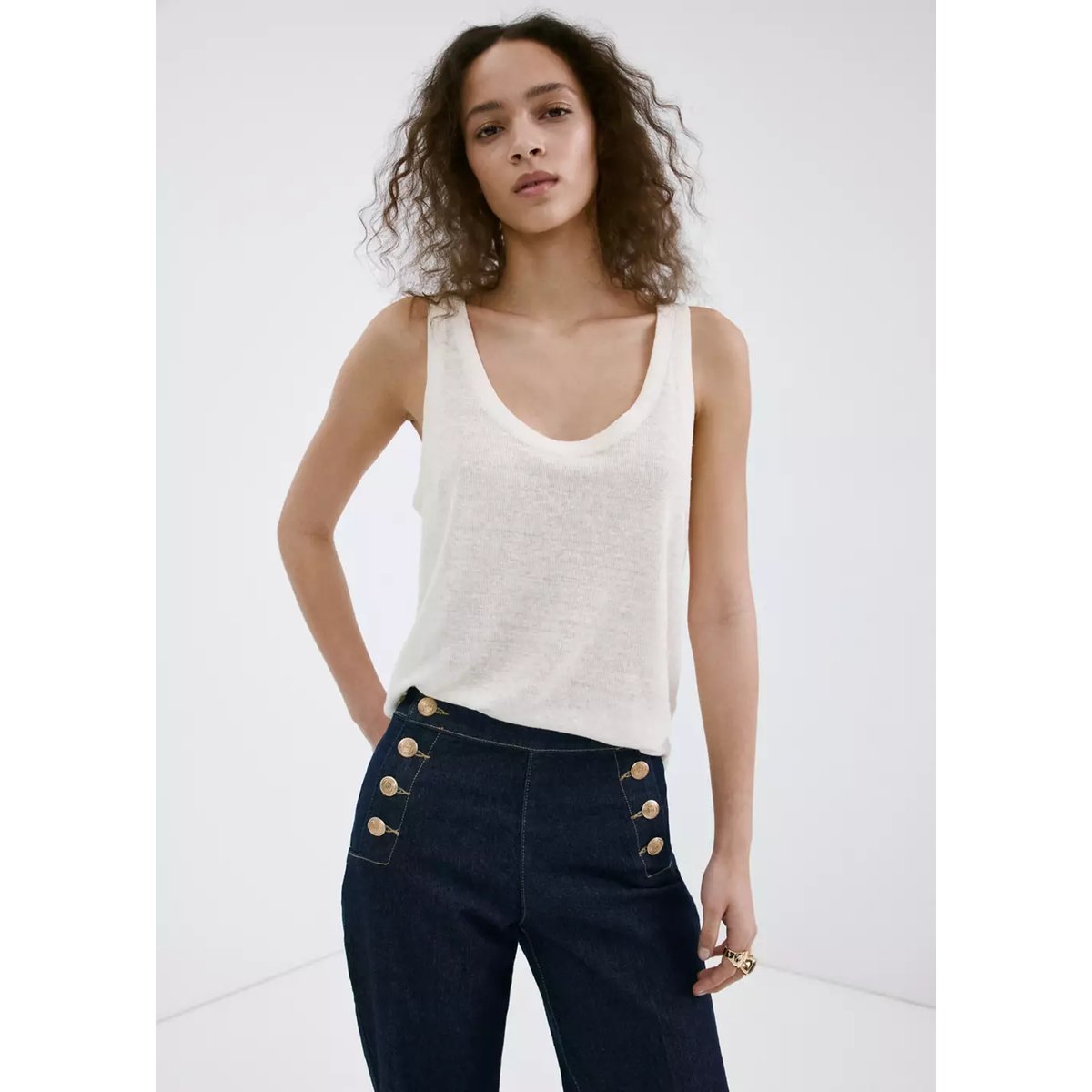 Jean wide leg boutons latérales bleu, MANGO