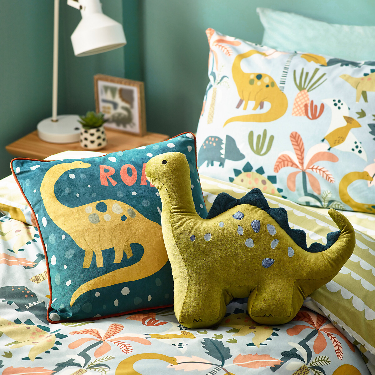 Dino Ready Filled Embroidered Cushion green, LITTLE FURN
