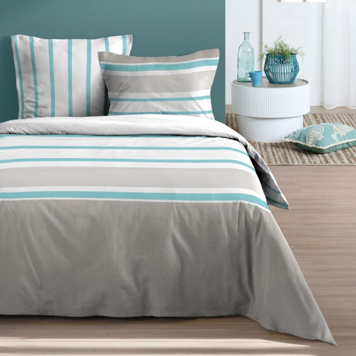 Housse de couette 240x220 finition rabat + 2 taies coton 57 fils beige, DECORATIE