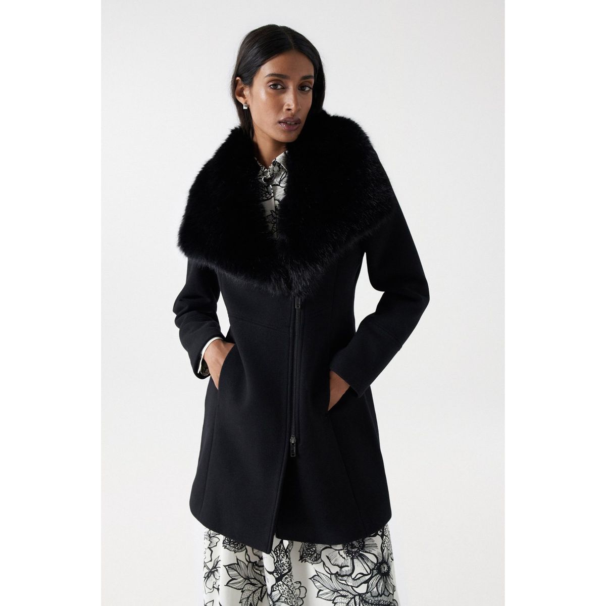 Manteau Grace En Tissu Avec Fourrure Synthetique Wrap noir, SALSA JEANS