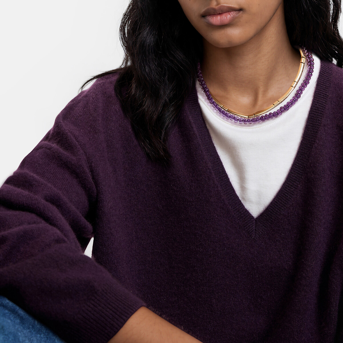 Pull col V en cachemire, oversize violet foncé, LA REDOUTE COLLECTIONS