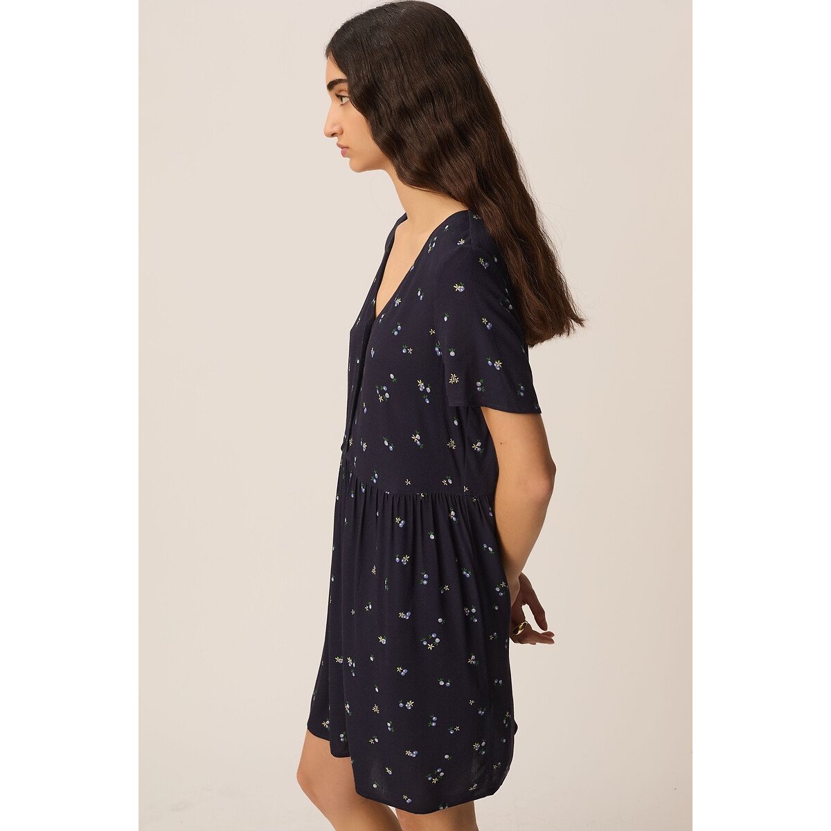 Robe courte col V imprimée, ELARYA noir imprimé, DES PETITS HAUTS