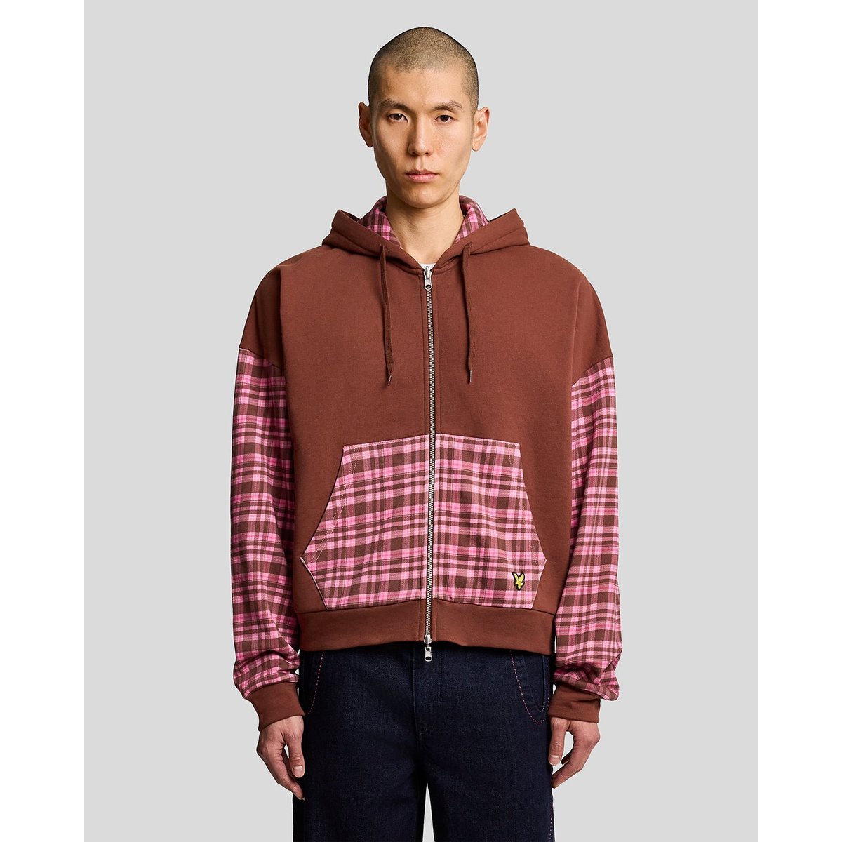 Sweat à capuche zippé contrasté à carreaux brun ganache marron/ phlox rose, LYLE & SCOTT