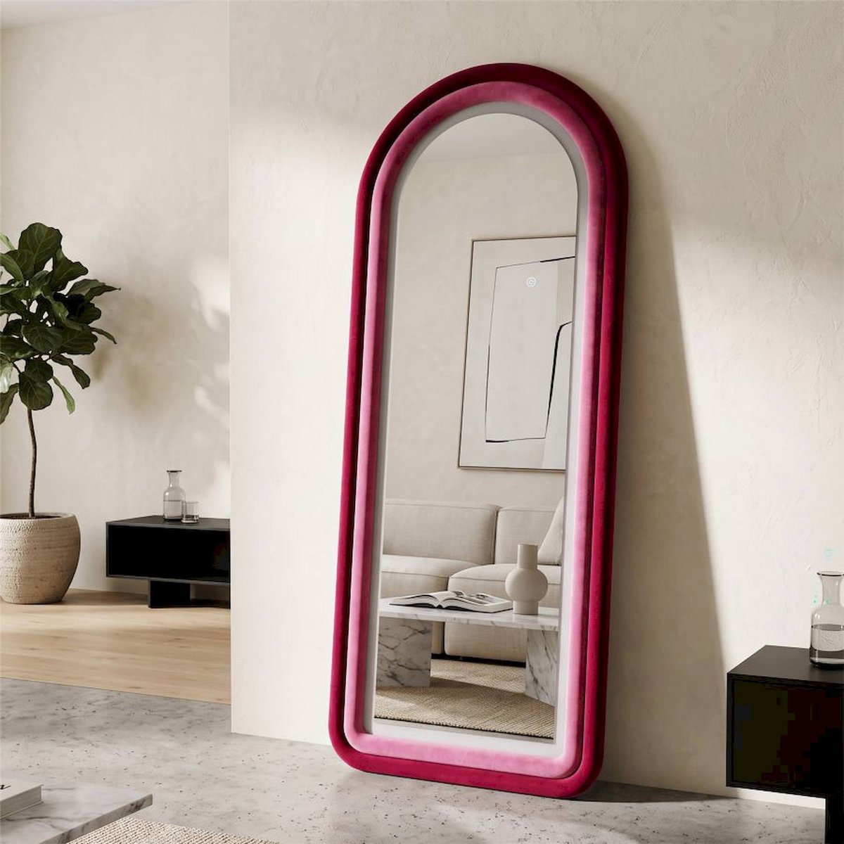 Miroir mural arche à LED cadre velours MODERN rose et violet, RECOLLECTION
