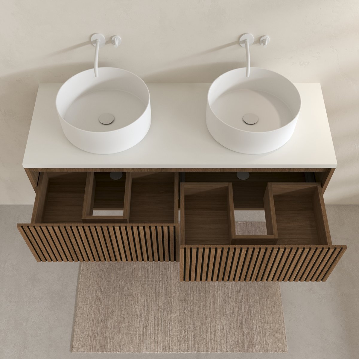 Meuble de salle de bain suspendu avec façade crantée, plan de toilette et vasque(s) à poser naturel, HOME MAISON