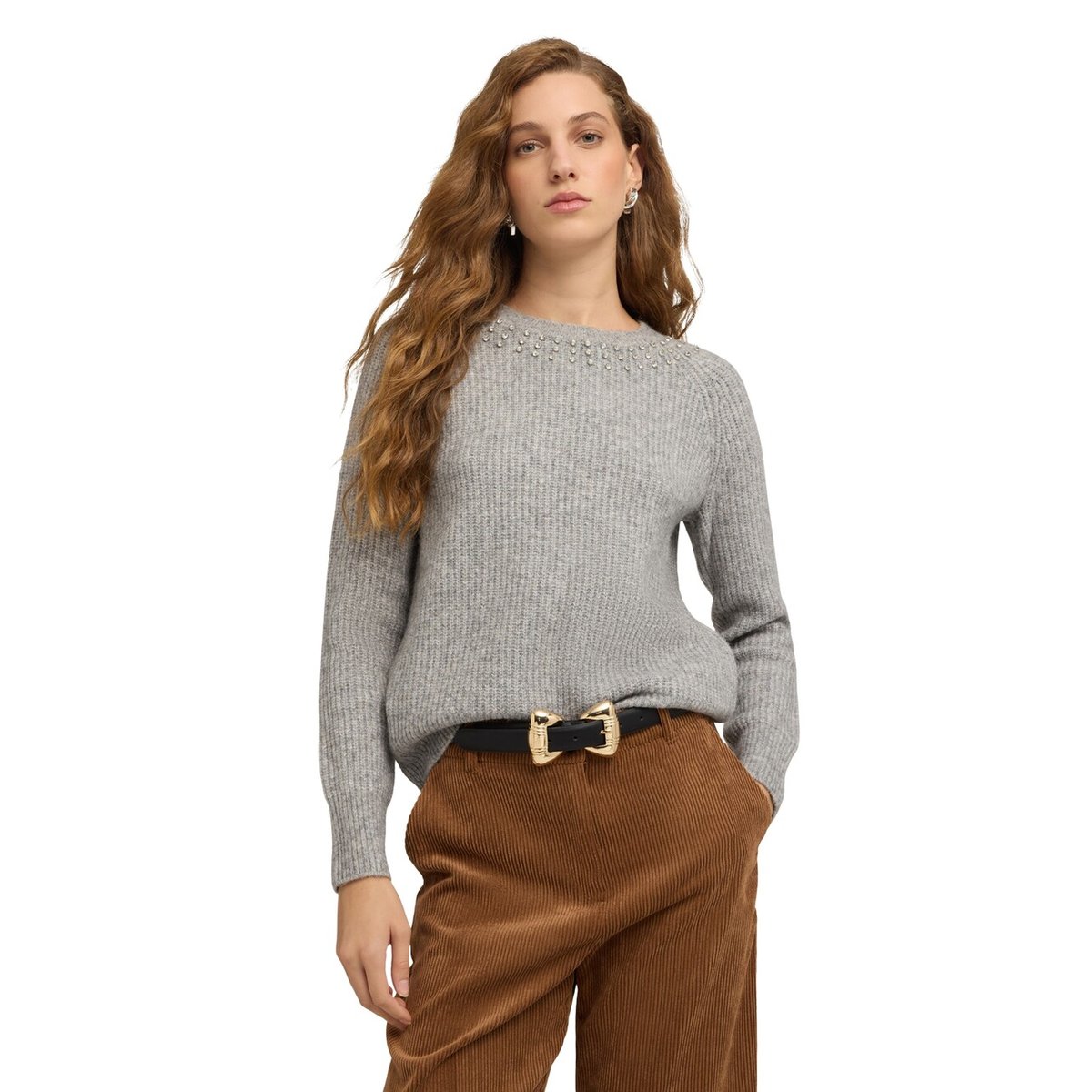 Pull côtelé avec pierres gris, MOTIVI