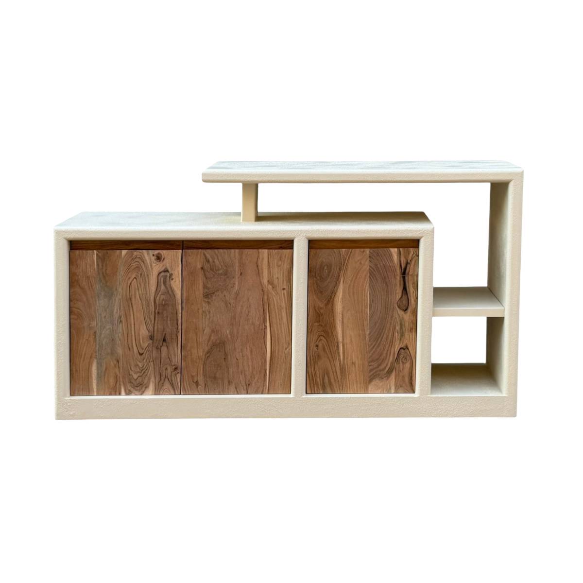 Buffet 3 portes en bois effet béton et acacia DALVA blanc, MADE IN MEUBLES