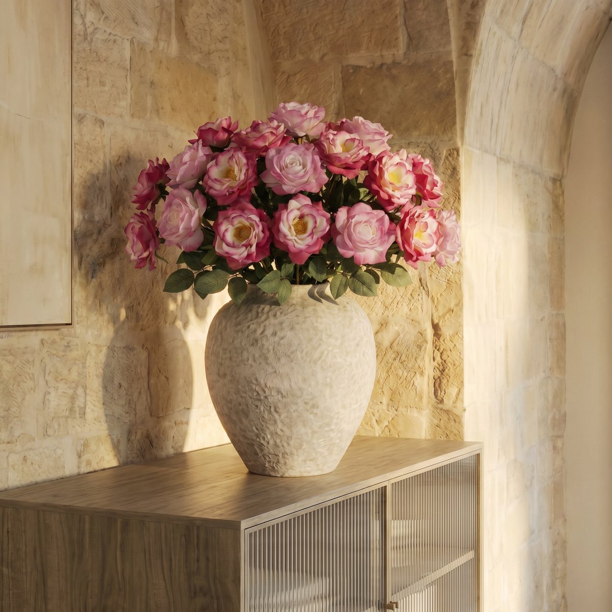 Bouquet de 24 tiges de roses artificiel H64 rose, SIA