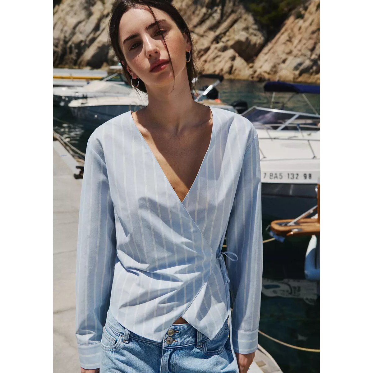 Chemise coton mélangé rayures bleu ciel, MANGO TEEN