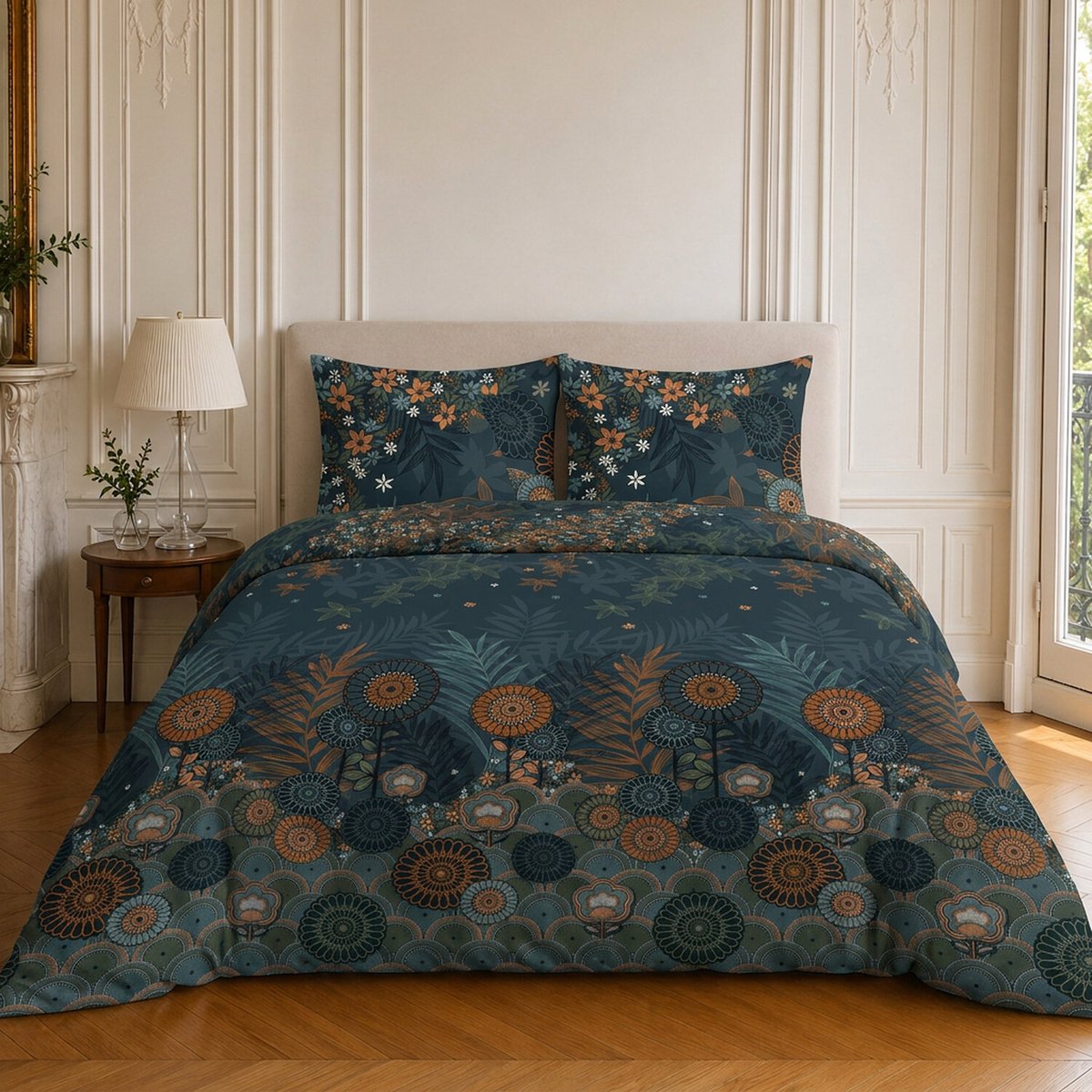 Parure de lit en microfibre motif floral, FLOWER NIGHT bleu nuit, C DESIGN HOME TEXTILE
