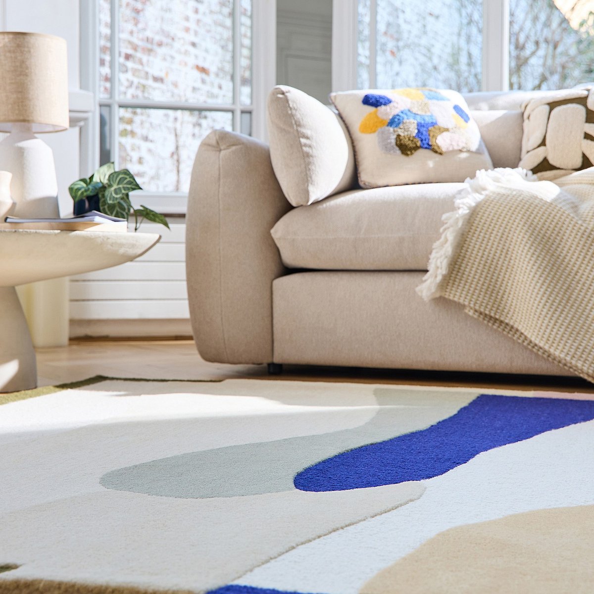 Tapis de salon laine AUBIN kaki, bleu roi, beige, multicolore, HABITAT