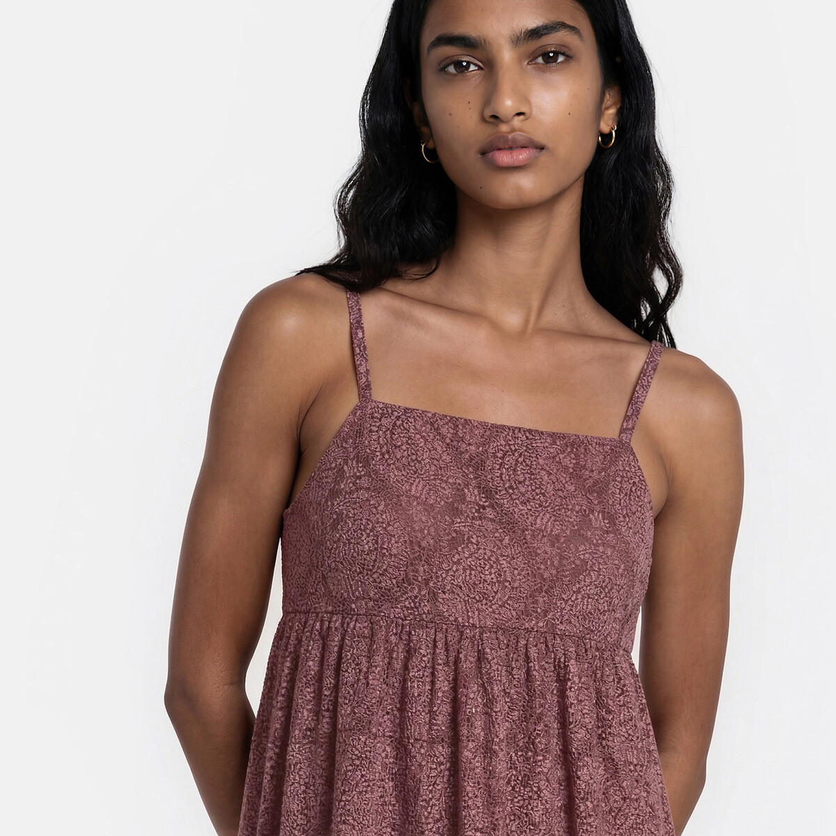 Maxi abito con stampa paisley e spalline sottili fantasia fondo marrone, LA REDOUTE COLLECTIONS
