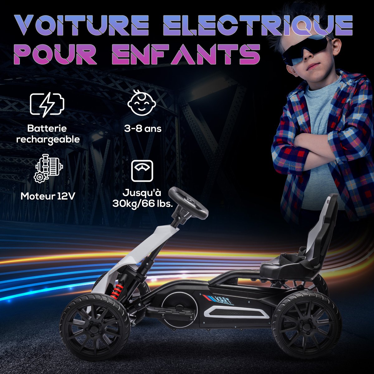 Kart électrique à conducteur assis PP Blanc blanc, HOMCOM