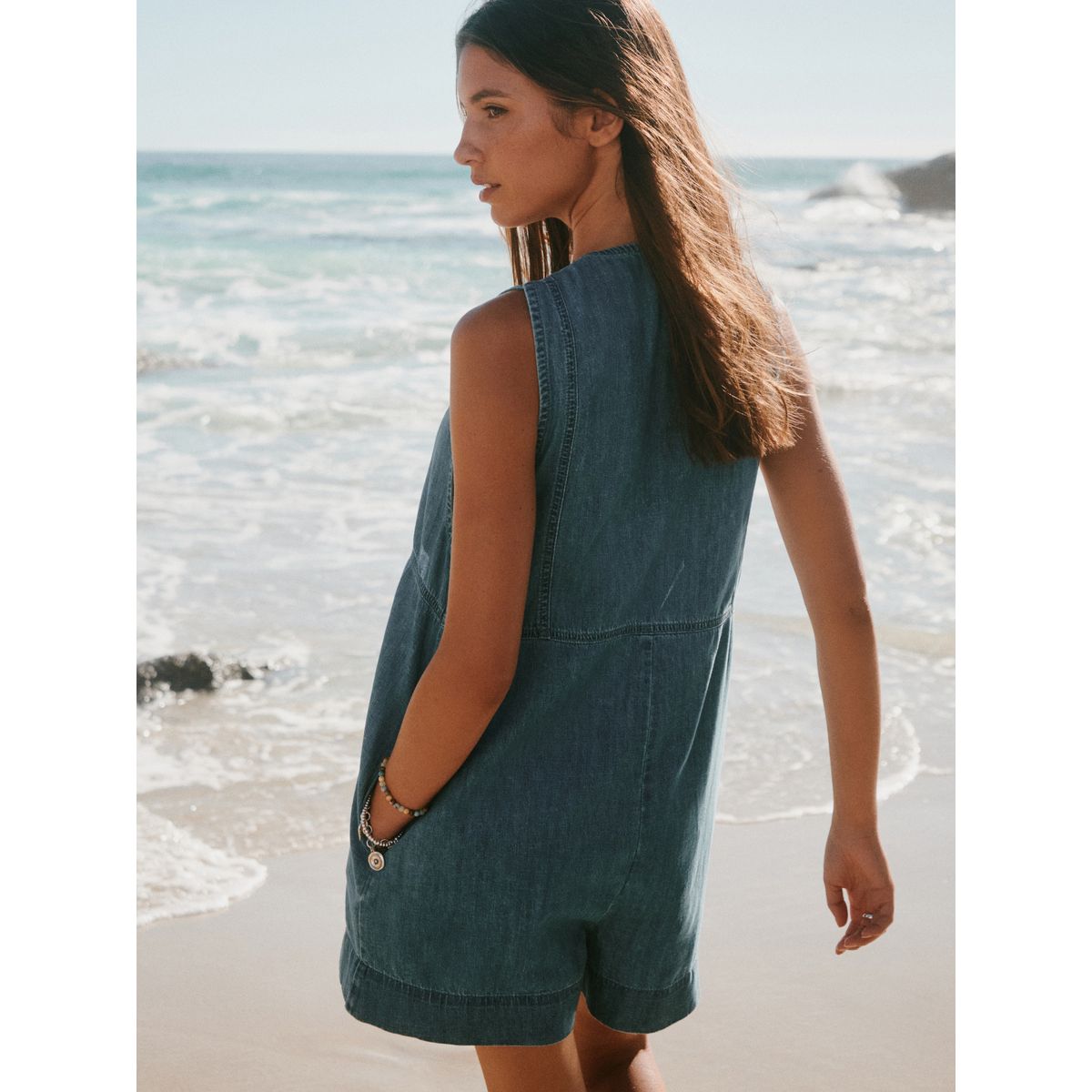 Combi-short en jean avec lien à nouer devant bleu moyen, NEXT