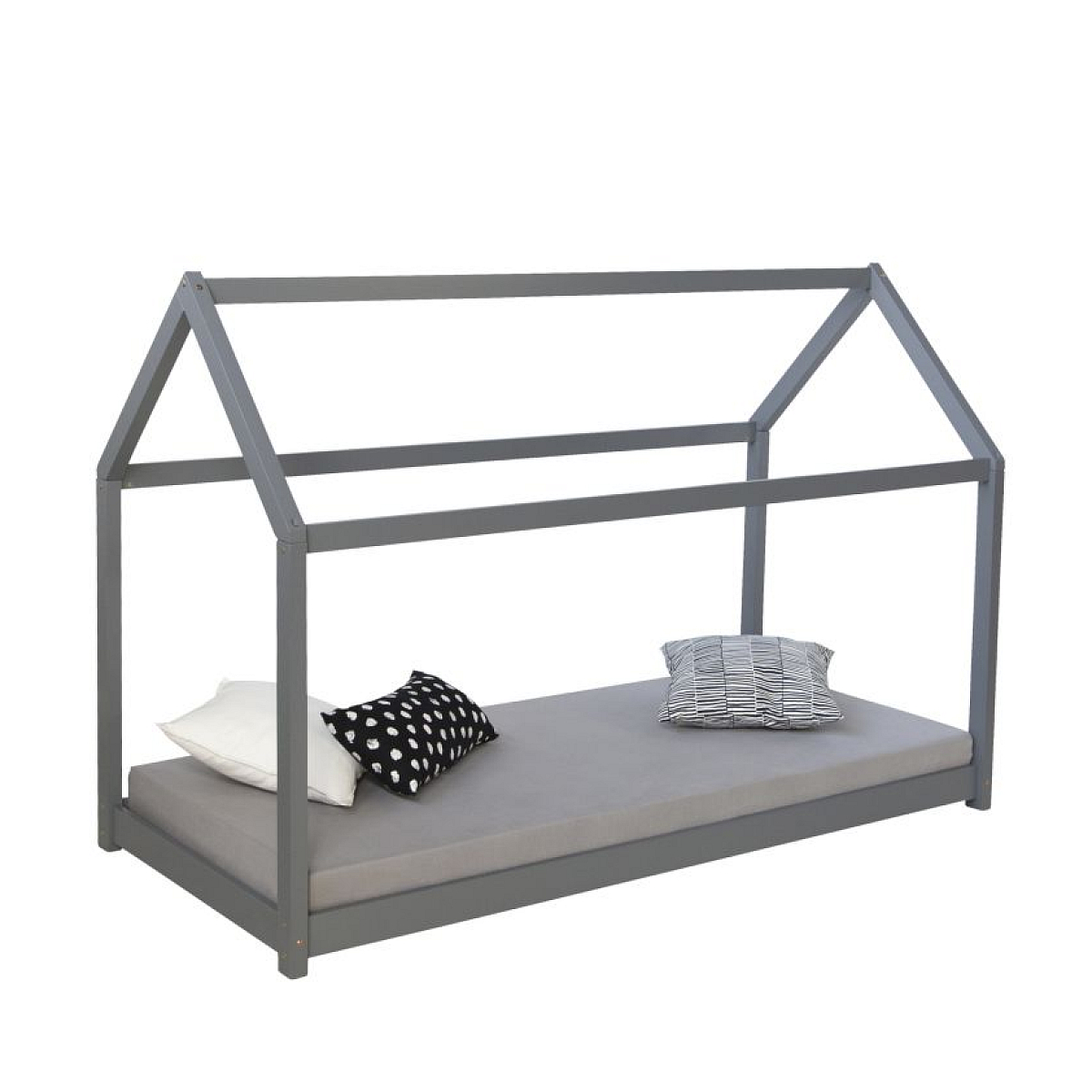 Lit enfant 80x160 gris cabane matelas couleur unique, HOMESTYLE4U