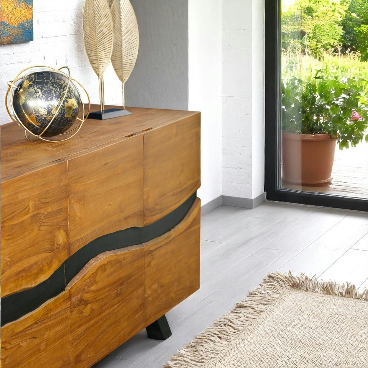 Buffet moderne bois recyclé teck laque noire 200 cm BARBADE bois naturel, PIER IMPORT