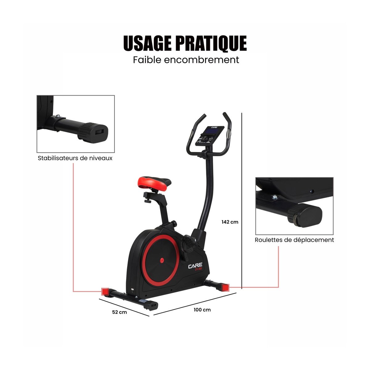 Vélo d'appartement - CARE - CV-385 - Ergomètre et connecté noir, CARE FITNESS