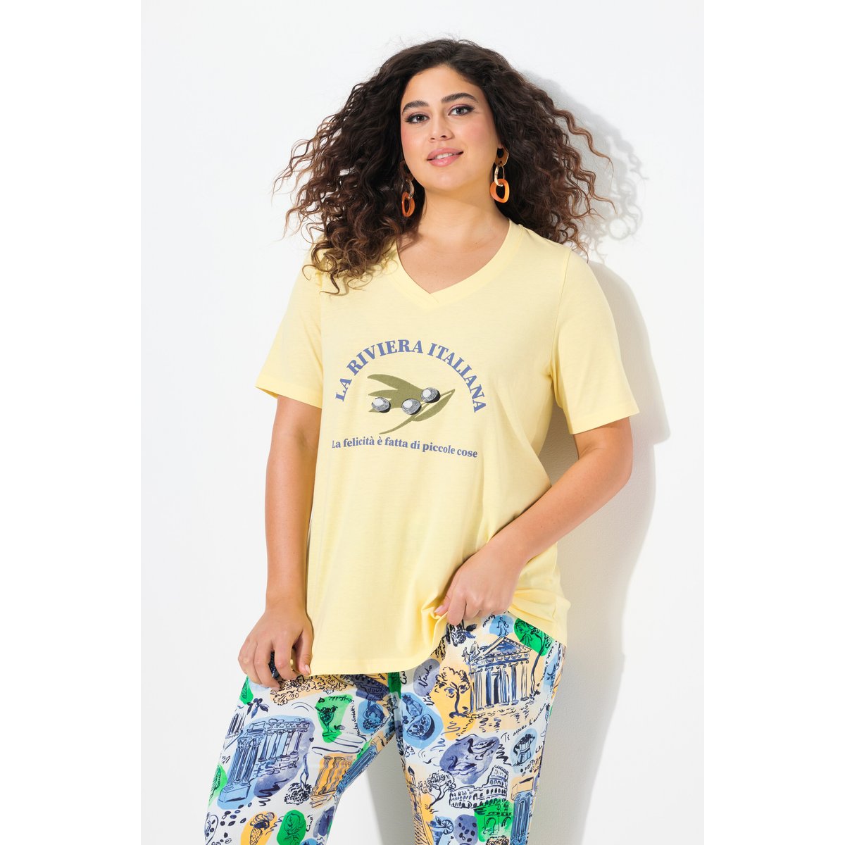 T-shirt brodé. Manches courtes sorbet jaune, ULLA POPKEN