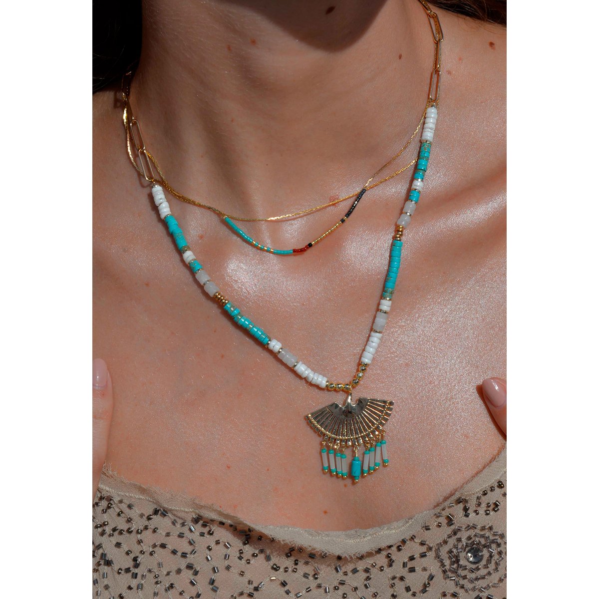 Collier rang multiples avec pendentif ALONI turquoise, HIPANEMA
