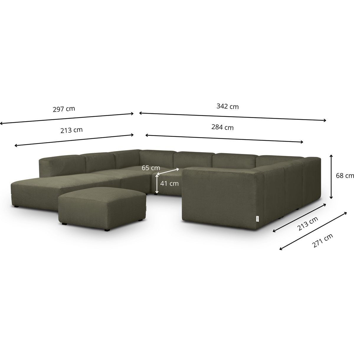 Canapé modulable panoramique 12 places ouvert à gauche en velours côtelé + pouf - MODULO vert kaki, HOMIFAB