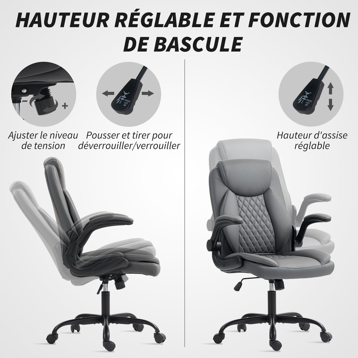 Chaise de bureau Polyuréthane Gris foncé gris foncé, HOMCOM