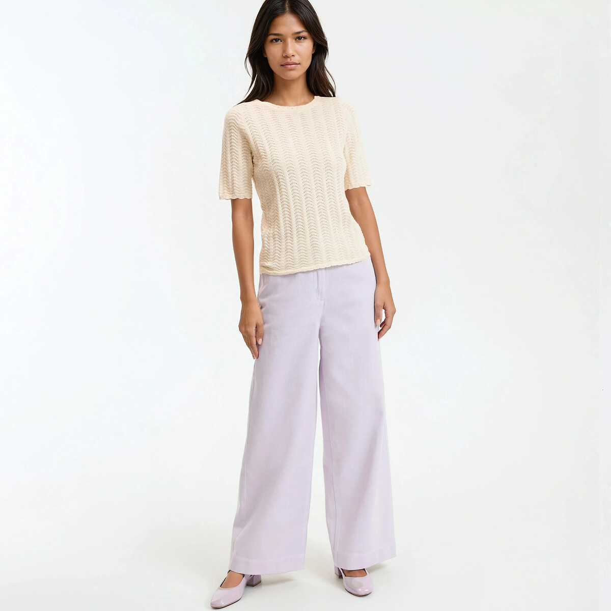 Katoenen twill broek met hoge taille en wijde pijpen paars violet, LA REDOUTE COLLECTIONS