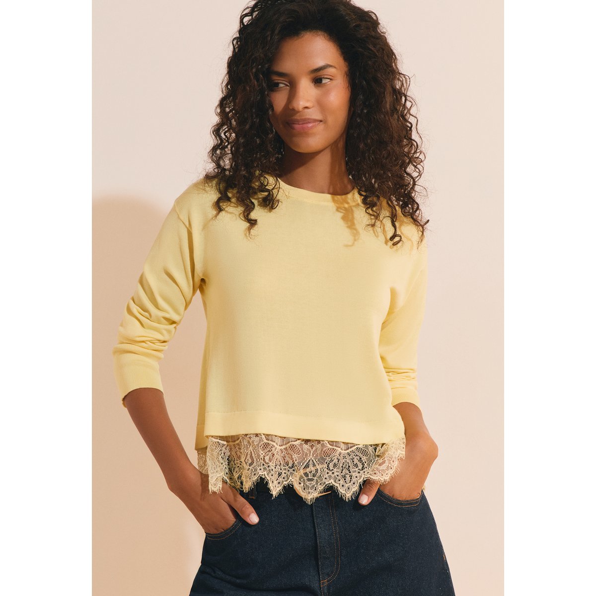Pull avec coton et détails dentelle SOLINE jaune pale, ETAM
