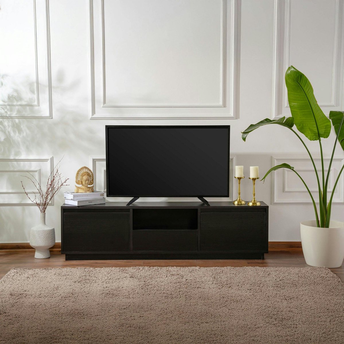 Meuble TV 3 portes - 4 niches MARFA aspect bois noir, PIER IMPORT