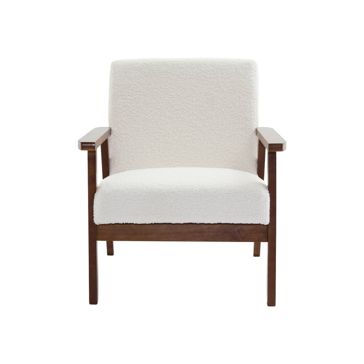 Banquette 2 places + fauteuil 1 place bois d'hévéa teinté noyer clair et bouclette ISAK crème, SWEEEK