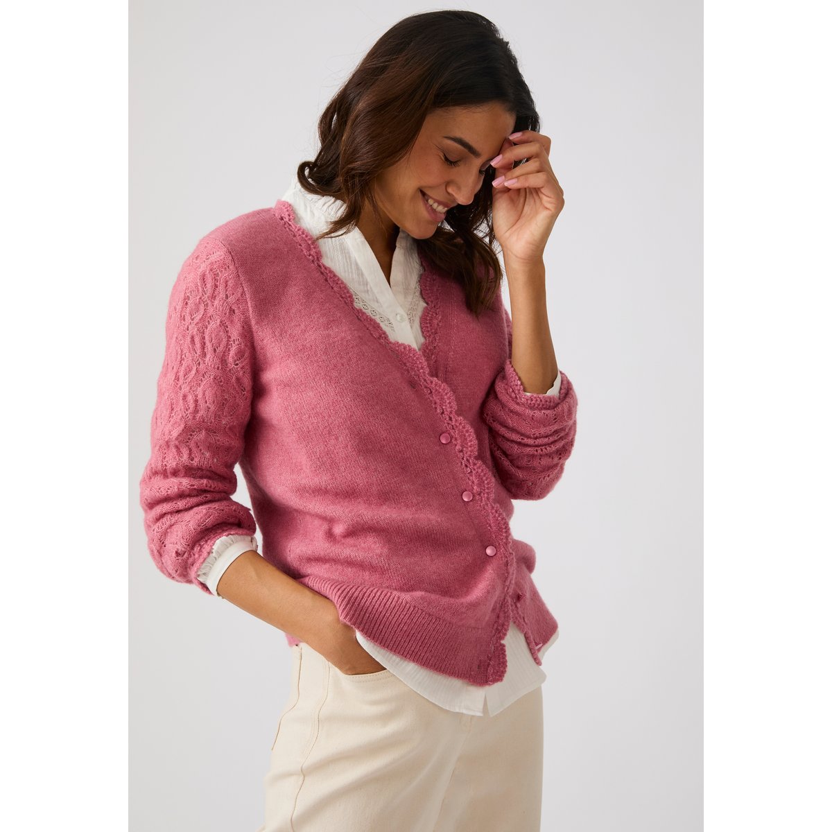 Gilet ajouré, finition effet crochet mélange laine et alpaga vieux rose, DAMART