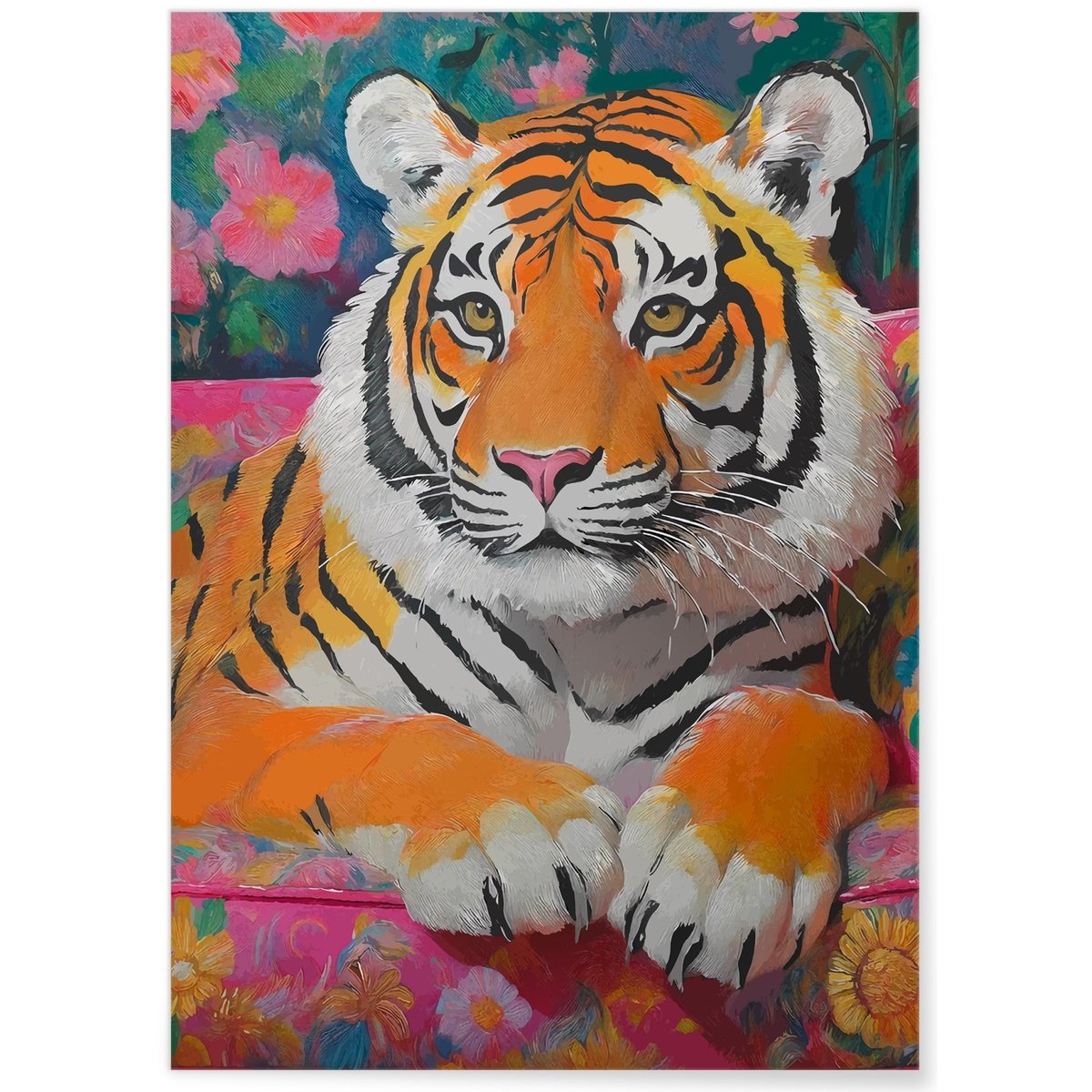 Affiche Tigre canapé fleuri blanc, L'AFFICHERIE