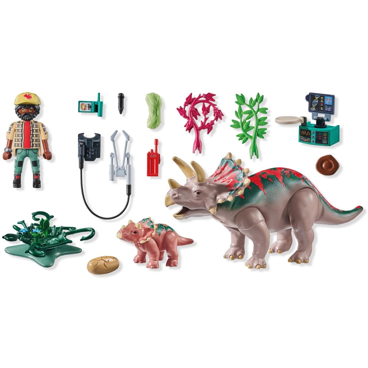 Tricératops avec bébé, oeuf et explorateur multicolore, PLAYMOBIL