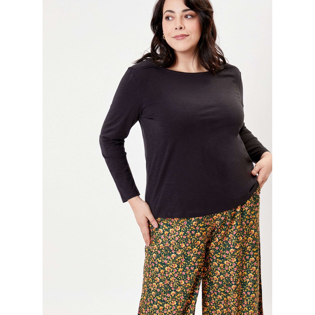 T-shirt uni coton bio col bateau GONDA noir, LA FIANCÉE